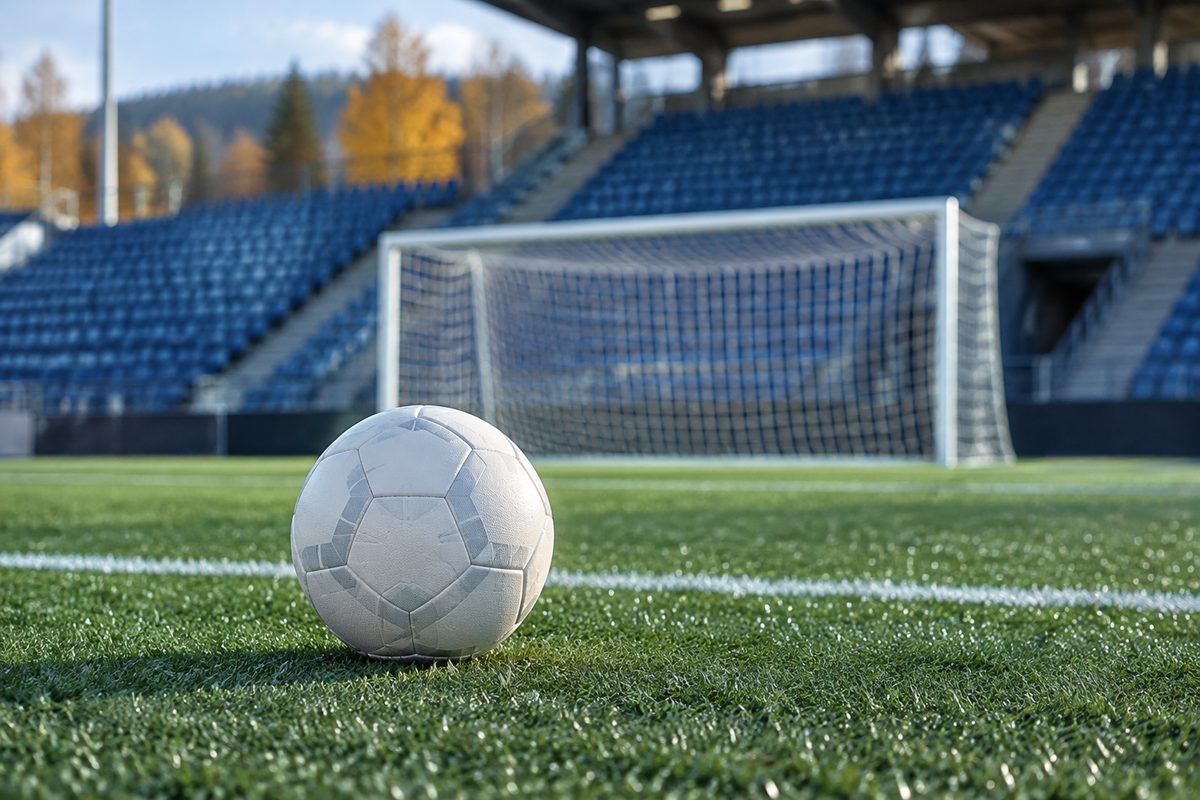 Fotball på kunstgresset foran målet på et norsk stadion