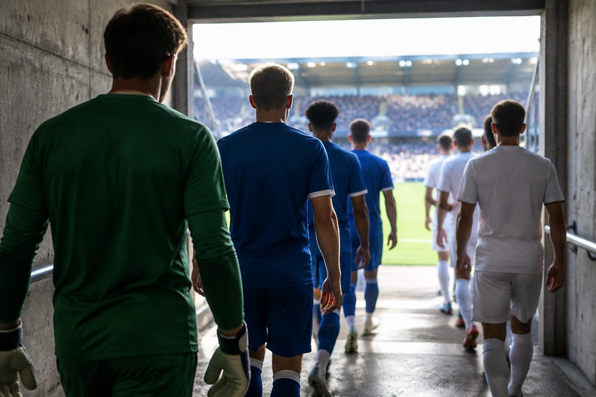 Spillertunnel på et fotballstadion før kampstart